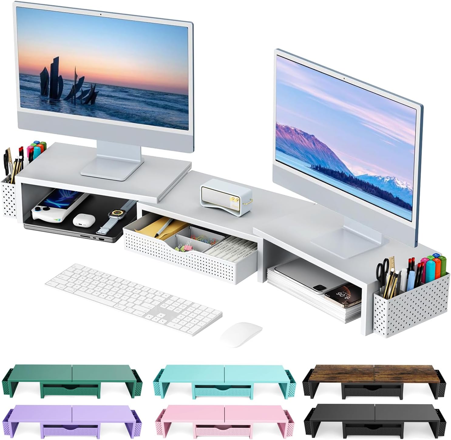 Dual Monitor Stand Riser with Drawer & Pen Holders – Desk Organizer
