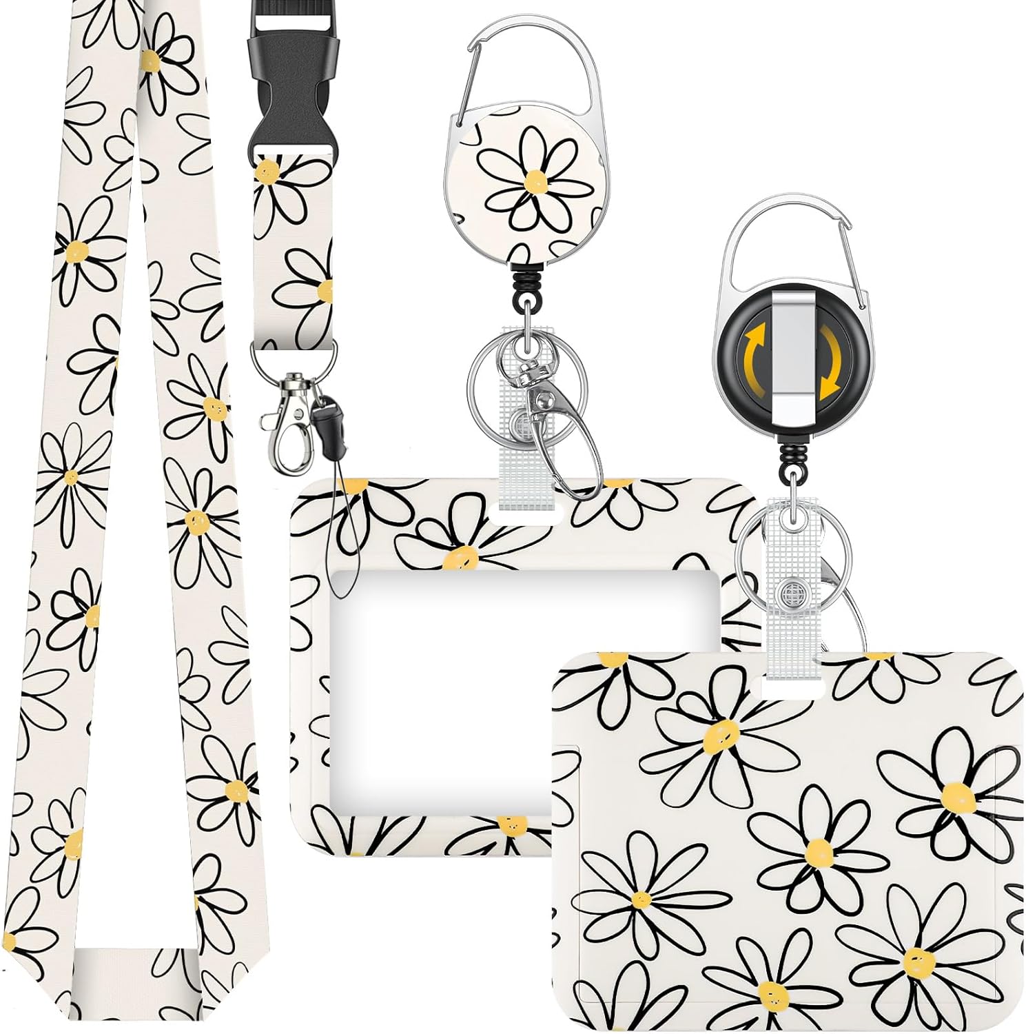 Fashionable Sliding Badge Holder – Beige Base Daisy (Horizontal)