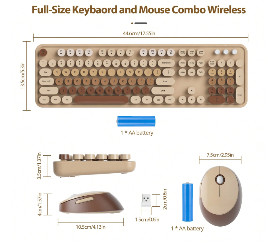 Wireless Keyboard and Mouse Set – Cute Retro Typewriter Style (Full Size)