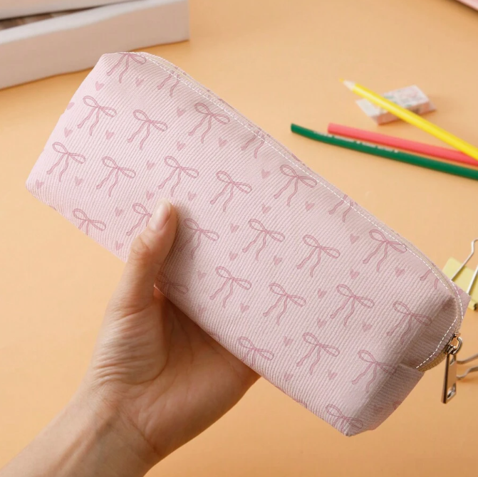 Cute Pink Bowknot & Heart Pattern Pencil Case – Double-Sided Printed