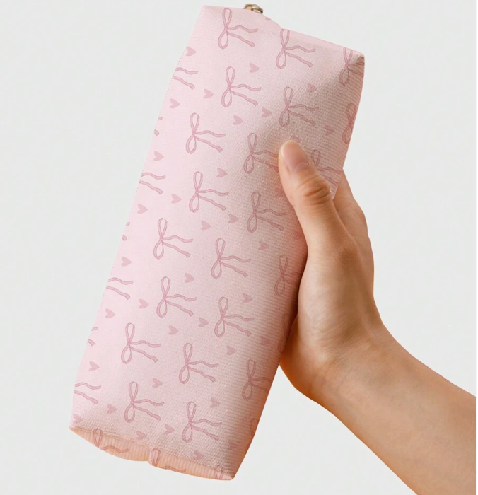 Cute Pink Bowknot & Heart Pattern Pencil Case – Double-Sided Printed
