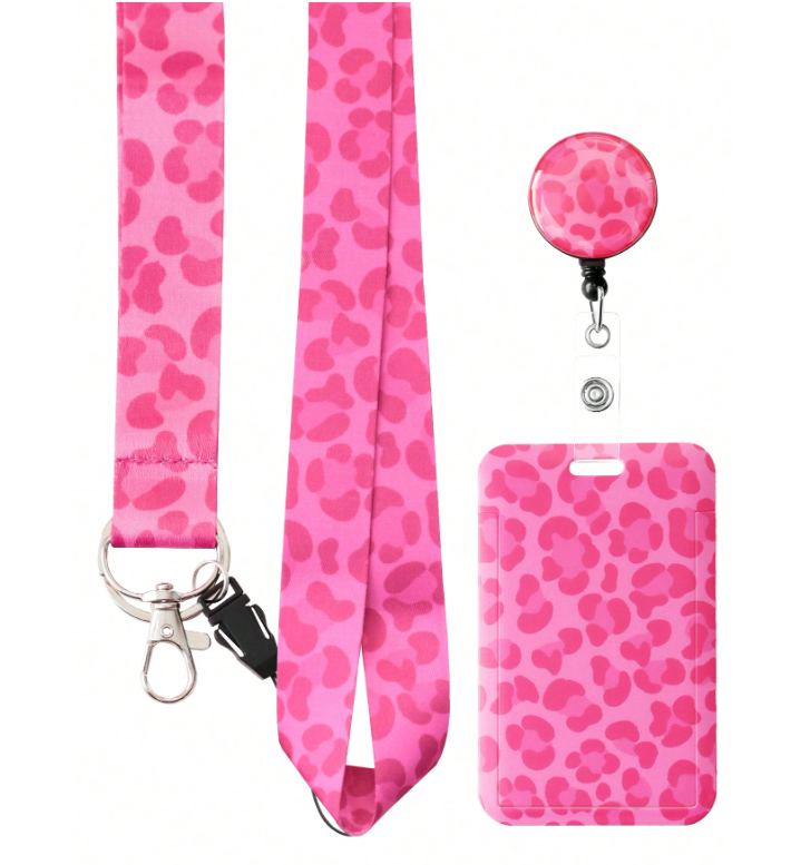 Pink Leopard Print Lanyard Set with Retractable ID Holder