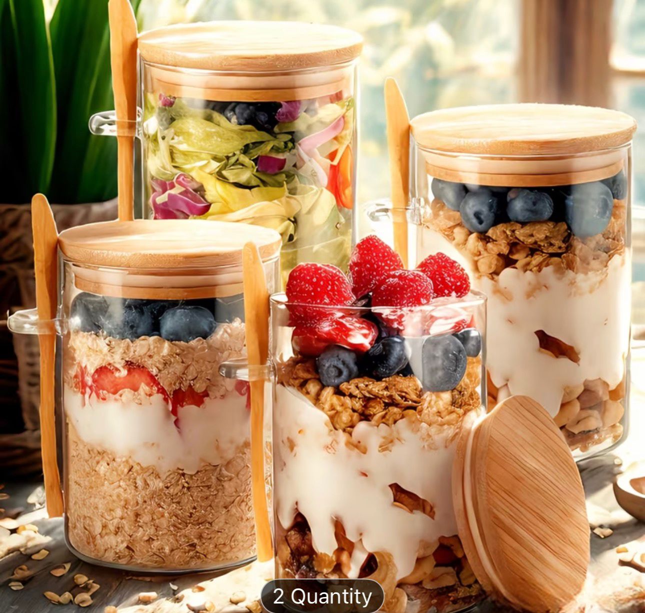 4 Piece Glass Food Storage Jar Set with Bamboo Lids and Spoons